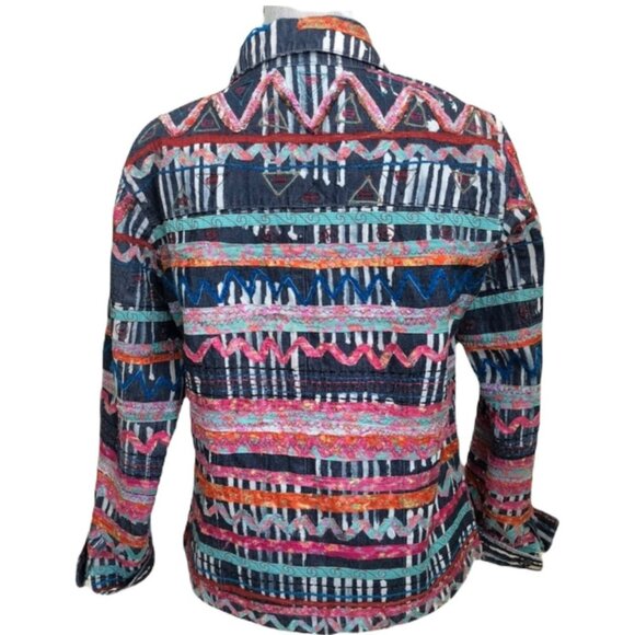 CHICO’S “SCRAP ART FABRIC” JEAN JACKET - Picture 2 of 9